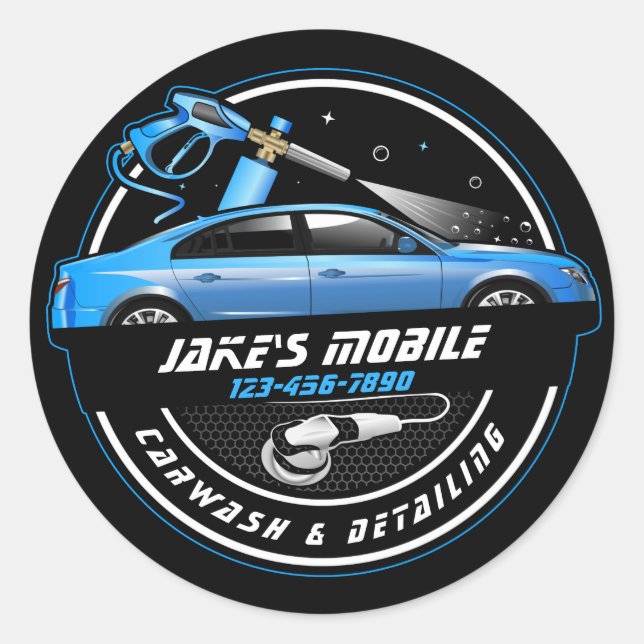 Customize Mobile Car Wash Detailing Blue Business  Classic Round Sticker (Front)