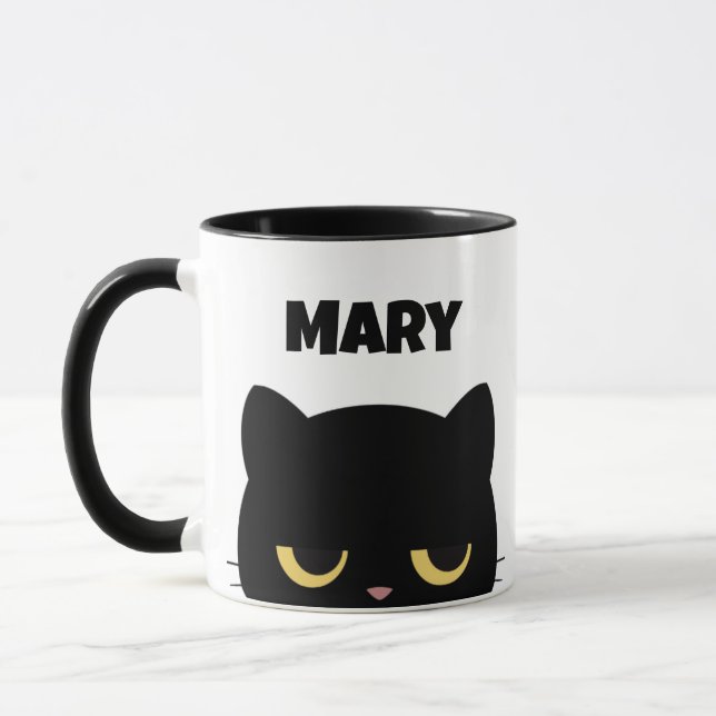 Customize Monogram and Name Script Funny Black Cat Mug (Left)