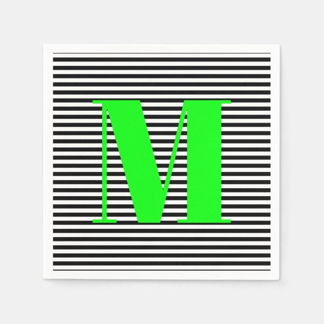 Customize monogram black white stripes neon green napkin (Front)