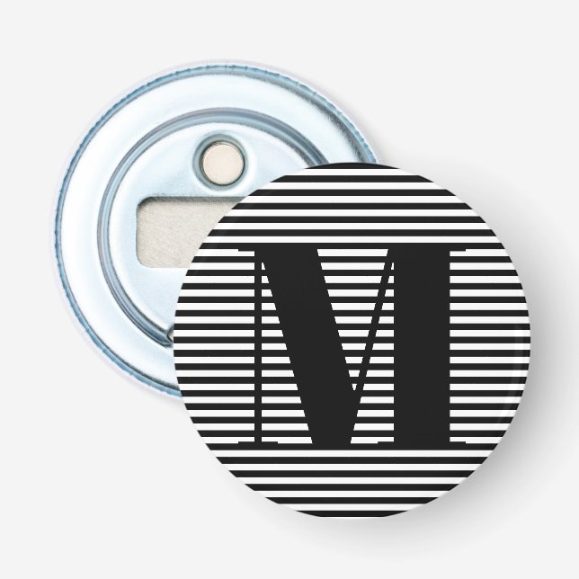 Customize monogram initial black white stripes bottle opener (Front)