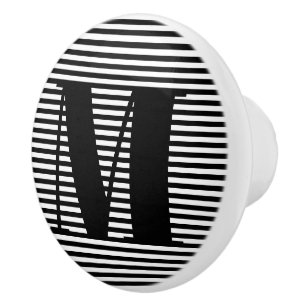 Customize monogram initial black white stripes ceramic knob