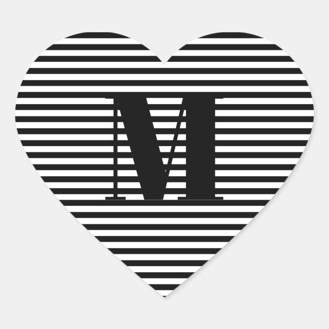 Customize monogram initial black white stripes heart sticker (Front)