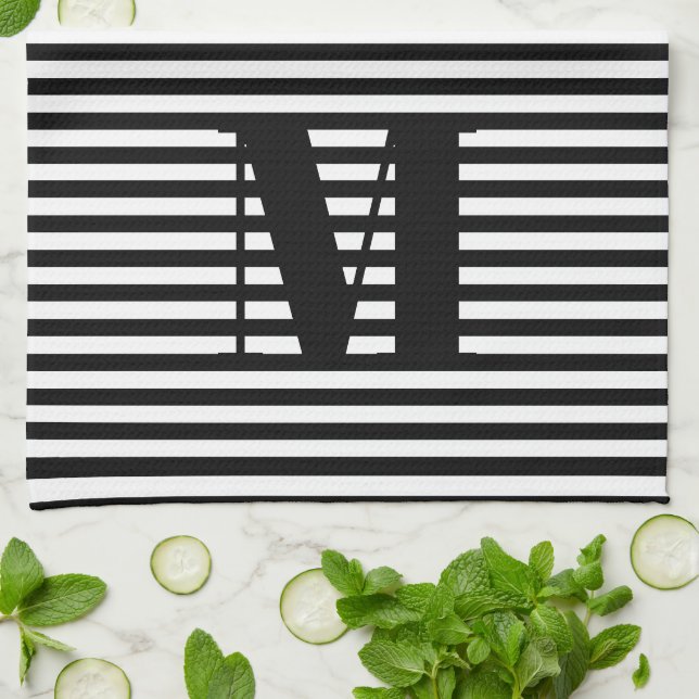 Customize monogram initial black white stripes kitchen towel (Folded)