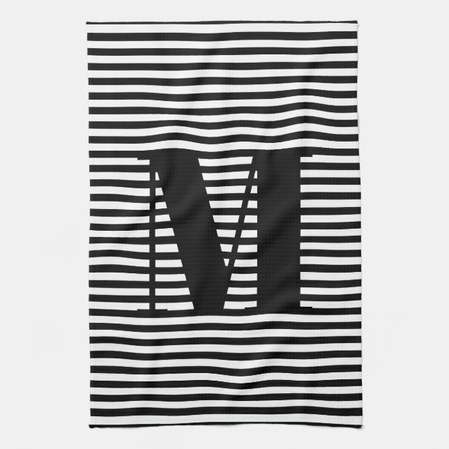 Customize monogram initial black white stripes kitchen towel (Vertical)