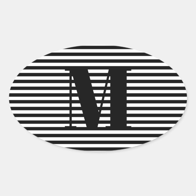 Customize monogram initial black white stripes oval sticker (Front)