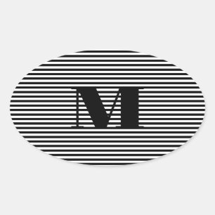 Customize monogram initial black white stripes oval sticker