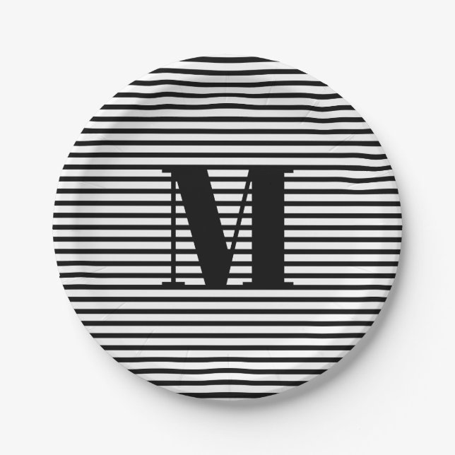 Customize monogram initial black white stripes paper plate (Front)