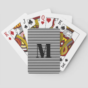 Customize monogram initial black white stripes playing cards