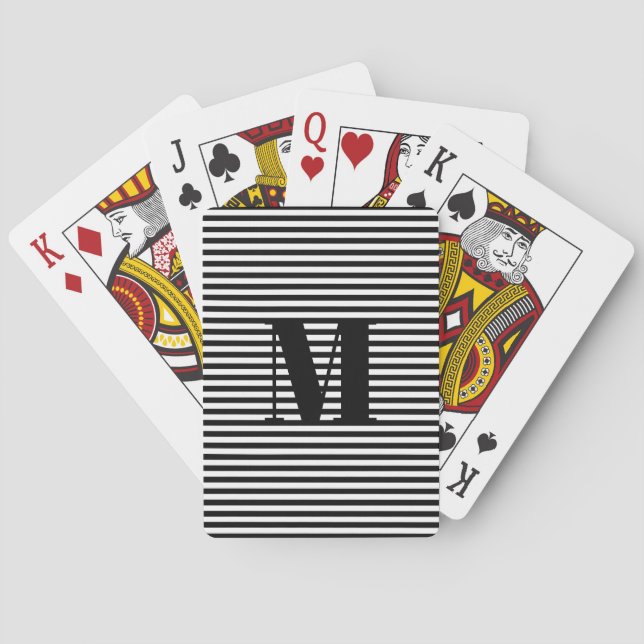 Customize monogram initial black white stripes playing cards (Back)