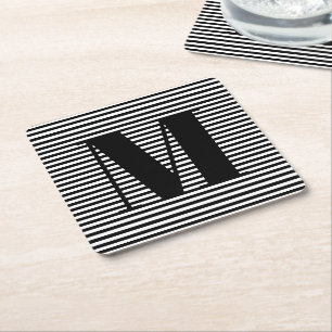 Customize monogram initial black white stripes square paper coaster