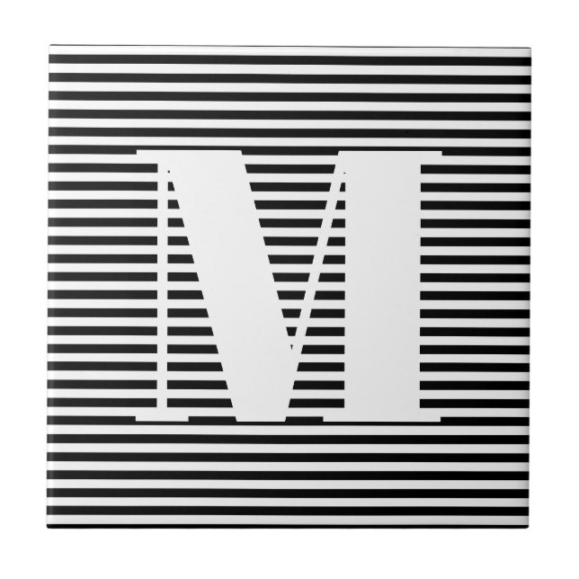 Customize monogram initial black white stripes tile (Front)