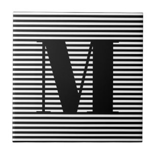 Customize monogram initial black white stripes tile