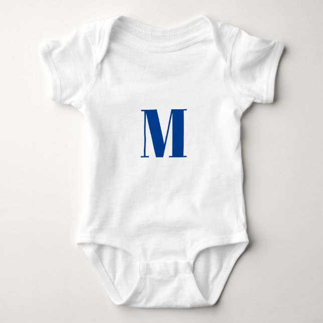 Customize monogram initial blue white baby bodysuit (Front)
