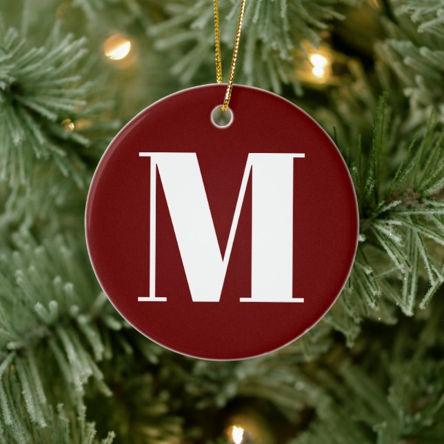 Customize monogram initial burgundy white ceramic ornament (Tree)