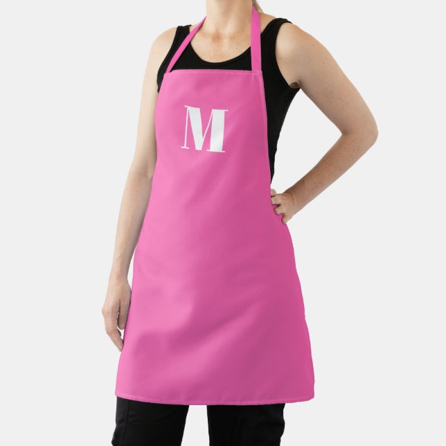 Customize monogram initial hot pink white apron (Insitu)