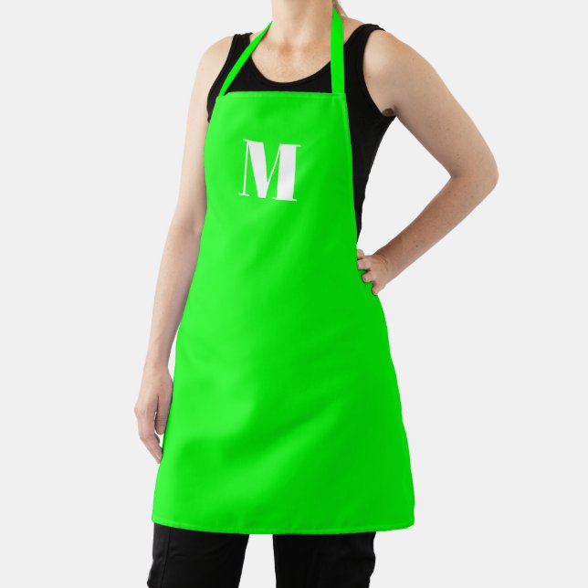 Customize monogram initial neon green white apron (Insitu)