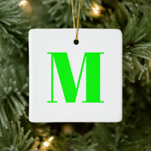 Customize monogram initial neon green white ceramic ornament