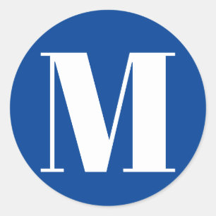 Customize monogram initial number blue white classic round sticker