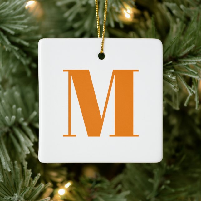Customize monogram initial orange white Christmas Ceramic Ornament (Tree)