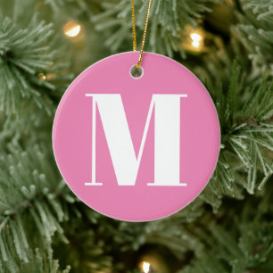 Customize monogram initial pink white Christmas Ceramic Ornament