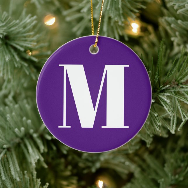 Customize monogram initial purple white Christmas Ceramic Ornament (Tree)