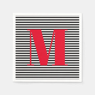 Customize monogram initial red black white stripes napkin