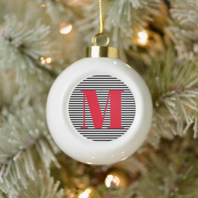 Customize monogram initial stripes Christmas Ceramic Ball Christmas Ornament (Tree)
