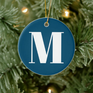 Customize monogram initial teal blue white ceramic ornament