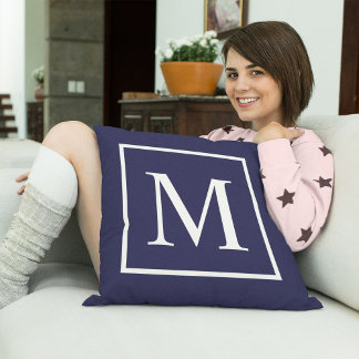 Customize monogram text on navy blue outdoor pillow
