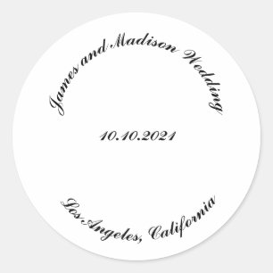 Customize Name, date black curved letters wedding Classic Round Sticker