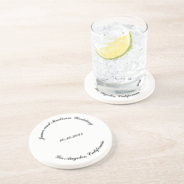 Customize Name, date black curved letters wedding Coaster (Side)
