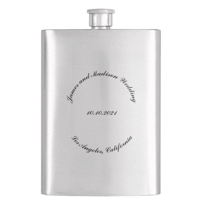 Customize Name, date black curved letters wedding Hip Flask (Front)