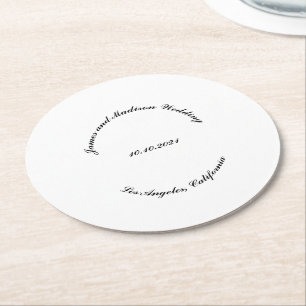 Customize Name, date black curved letters wedding Round Paper Coaster
