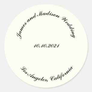 Customize Name, date black ivory wedding Classic Round Sticker