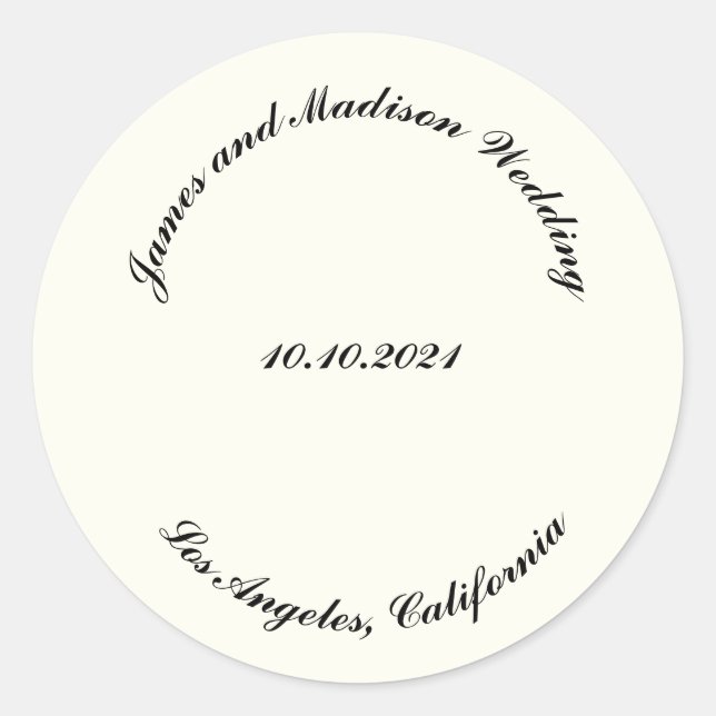 Customize Name, date black ivory wedding Classic Round Sticker (Front)