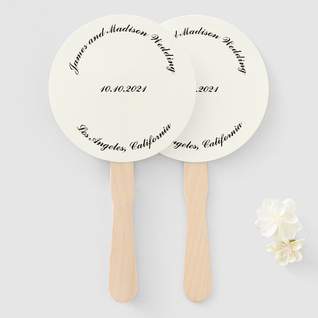 Customize Name, date black ivory wedding Hand Fan (Front and Back)