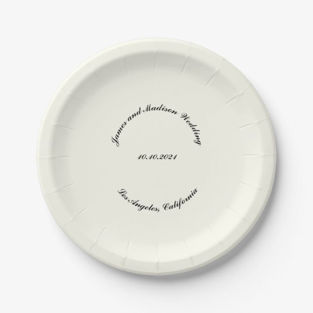 Customize Name, date black ivory wedding Paper Plate (Front)