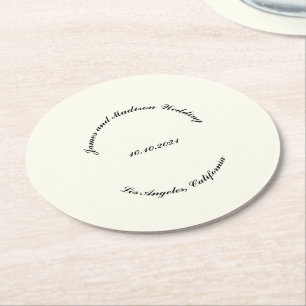 Customize Name, date black ivory wedding Round Paper Coaster
