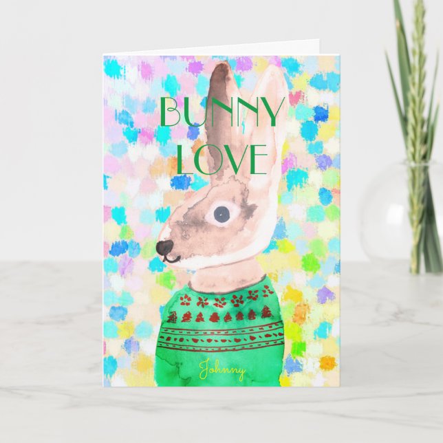 Customize Name Easter BUNNY LOVE Vintage Greetings Card (Front)