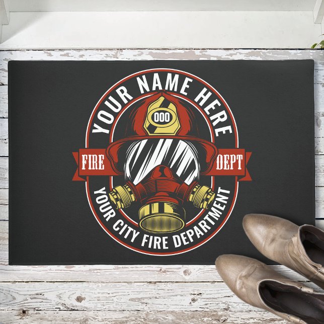 Customize NAME Firefighter Helmet Mask Fire Rescue Doormat (Creator Uploaded)