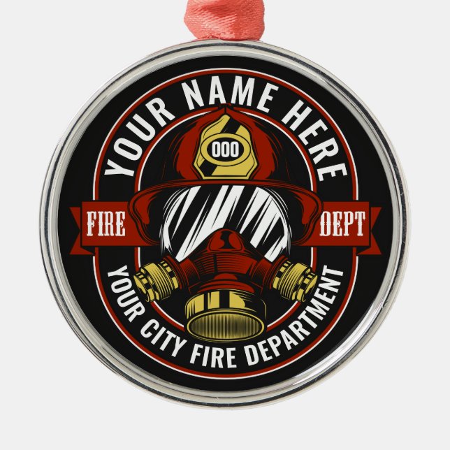 Customize NAME Firefighter Helmet Mask Fire Rescue Metal Ornament (Front)