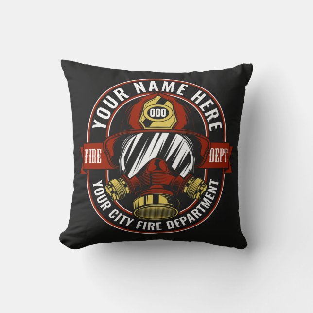 Customize NAME Firefighter Helmet Mask Fire Rescue Throw Pillow (Front)