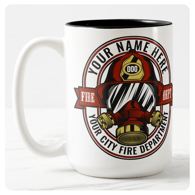 Customize NAME Firefighter Helmet Mask Fire Rescue Two-Tone Coffee Mug (Creator Uploaded)