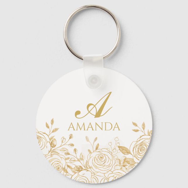 Customize Name Gold Luxury Flower Keychain (Front)