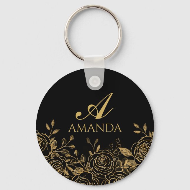 Customize Name Gold Luxury Flower Keychain (Front)