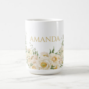 Customize Name Gold & White Flower Coffee Mug