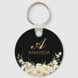 Customize Name Gold & White Flower Keychain