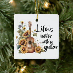 Customize Name Guitar With Sunflower Ceramic Ornament