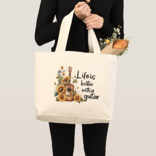 Customize Name Guitar With Sunflower Large Tote Bag