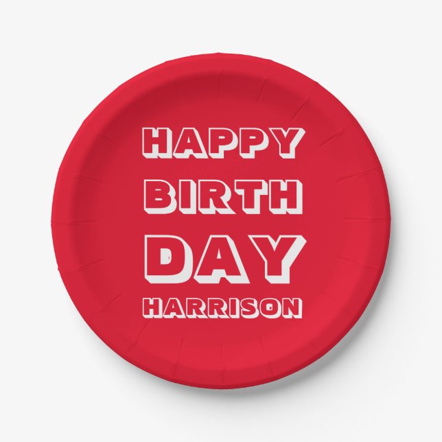 Customize Name, Happy Birthday, Red white bold Paper Plate (Front)